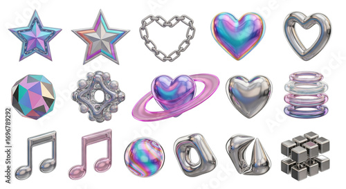 Shiny 3D Y2K chrome holographic iridescent icons collection metallic stars hearts music notes geometric and abstract shapes