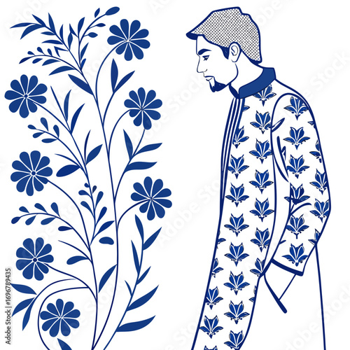 Vector art of man in floral kurta in line drawing
