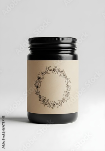 Mockup toples hitam elegan dengan label bunga untuk branding produk alami dan desain kemasan