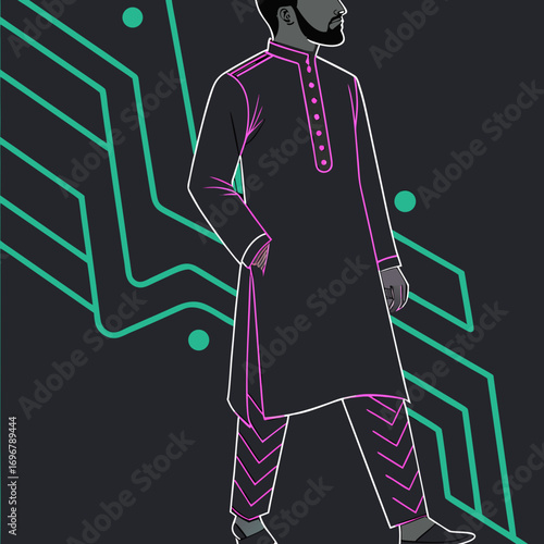 Vector art of man in kurta with digital circuit design on dark background