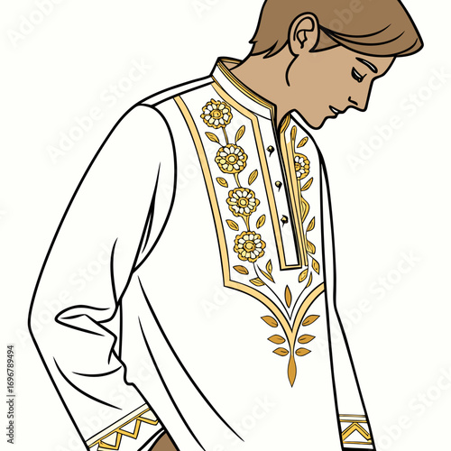 Vector art of man in traditional kurta with floral embroidery looking down