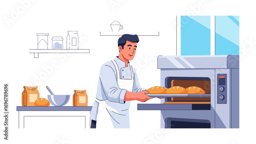 Artisan Baker at Work: A skilled artisan, with a chef's uniform, carefully slides a tray of golden bread loaves into the oven, creating a delicious, inviting bakery scene. 