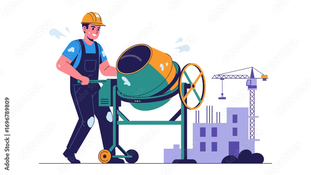 Fototapeta premium Building Progress: A construction worker operates a cement mixer, with a construction crane and building under construction in the background, in a vector illustration, showing construction project. 