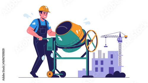 Building Progress: A construction worker operates a cement mixer, with a construction crane and building under construction in the background, in a vector illustration, showing construction project. 