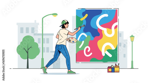 Artist Painting on Street: An artist passionately paints a colorful artwork on a large canvas, with a bright and modern vibe, expressing creativity and urban art.