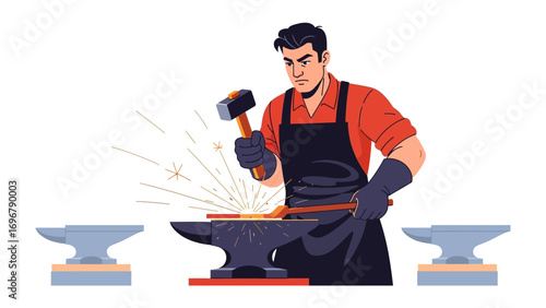 Blacksmith at Work: A focused blacksmith with a hammer carefully shapes the glowing iron on an anvil, sparks flying, embodying the spirit of artisanal craftsmanship.