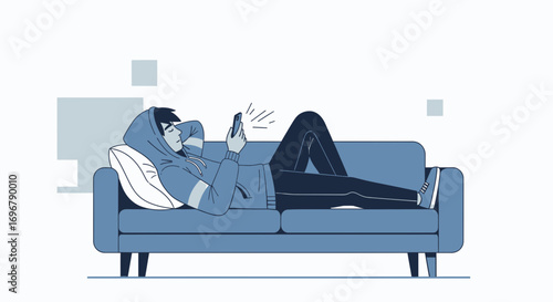Person Relaxing on Couch Browsing Smartphone in a Minimalist Illustration