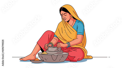 Traditional Indian Woman at Work: A charming woman in traditional attire, her fingers expertly maneuvering a stone grinder, embodying timeless culture and daily life.