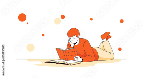Person Relaxing While Reading a Book with Orange Theme and Minimalist Style Graphic