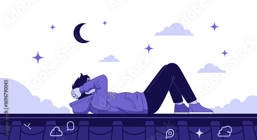 Person Relaxing Outdoors Under a Night Sky, Contemplating Clouds And Stars