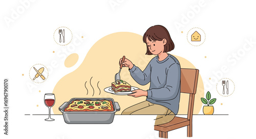 Person Relishing Homemade Lasagna, Enjoying Dinner Alone, Dining Experience Illustrated