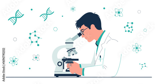 Scientific Researcher Analyzing Genetic Data Using a Microscope In Laboratory Setting