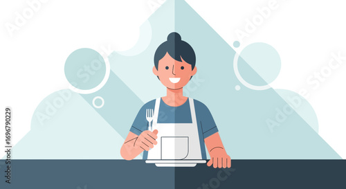 Person Smiling Holding Fork Ready To Eat Enjoying Meal With Abstract Background
