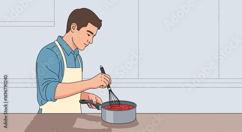 Person Stirring Red Sauce In Pot Showing Culinary Processes And Domestic Cooking
