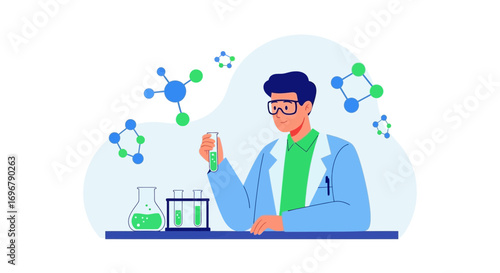 Scientist Analyzing Chemical Compounds, Futuristic Illustration of Scientific Research and