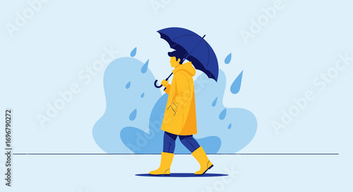 Person Strolling In Rain Wearing Protective Gear, Animated Illustration With Blue Backdrop Only