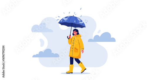Person Strolling Under Blue Umbrella During Rainy Weather With Yellow Coat And Boots Illustration