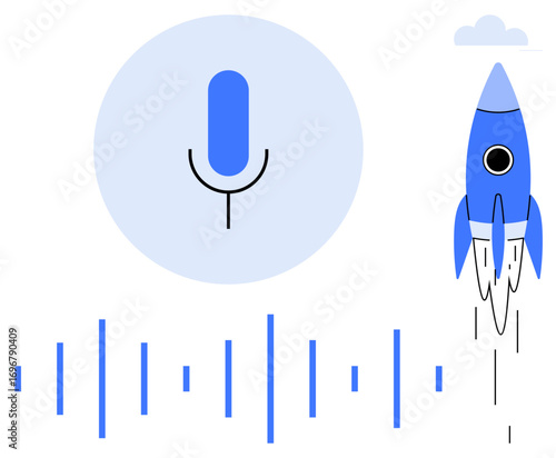 Microphone surrounded by sound waves alongside a rocket blasting off into space. Ideal for technology, innovation, AI, voice recognition, progress, startup ideas, futuristic tech, simple flat
