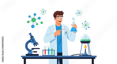 Scientist Conducting Experiment in Lab, Illustration Demonstrating Scientific Research Process