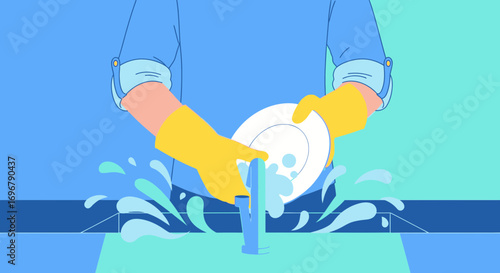 Person Washing Dishes in Kitchen Depicted With Bold Colors And Minimalist Style