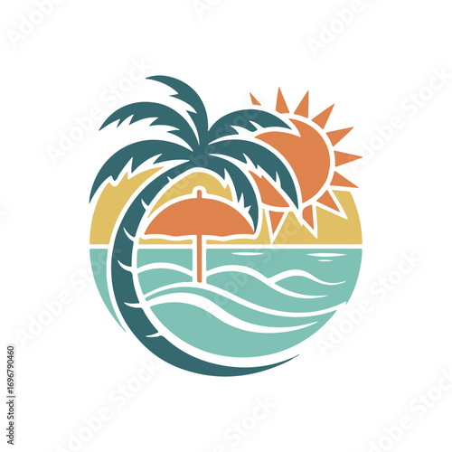 Tropical Beach Vacation Icon - Palm Tree, Sun & Ocean Waves.