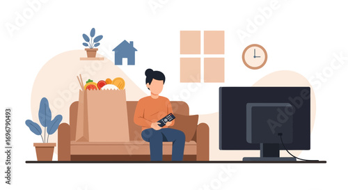 Person Watching Television At Home After Shopping, Domestic Comfort Scene