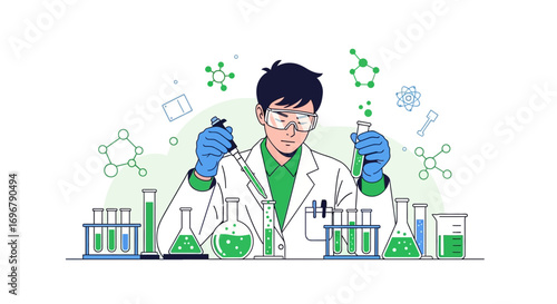 Scientist Conducting Experiments In Laboratory Using Test Tubes And Flasks Illustration