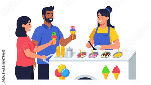 Sweet Moments: A vibrant illustration depicts a cheerful ice cream seller serving delighted customers, captured in a cheerful style, the scene evokes pure summer joy.