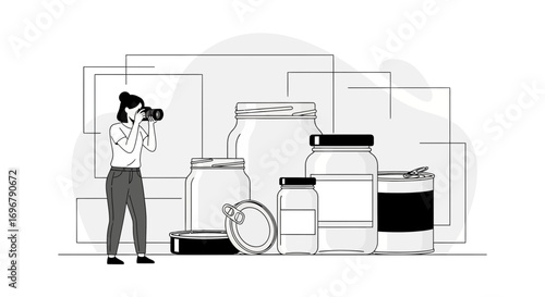 Photographer Capturing Assortment Of Packaging Containers Against Abstract Background