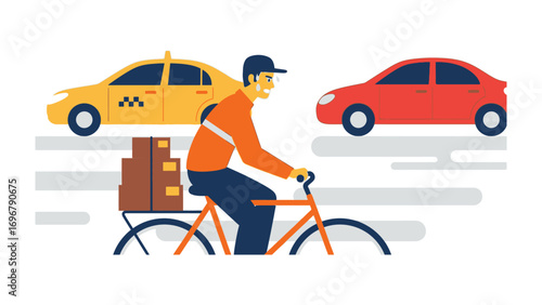 Speedy Deliveries: A dedicated bike courier navigating city traffic delivers parcels with unwavering commitment amidst urban mobility.