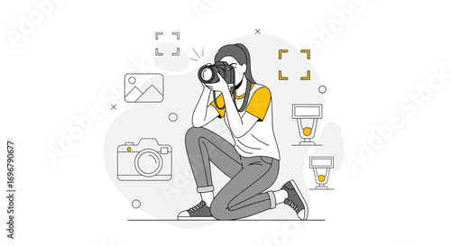 Photographer Capturing A Moment In A Modern Line Art Style For Creative Projects