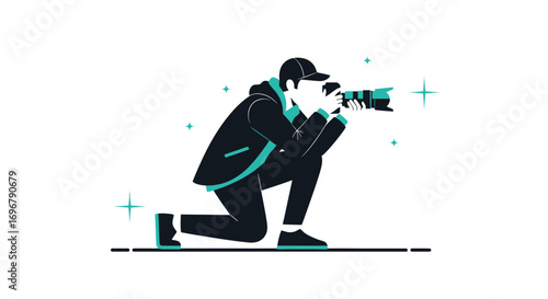 Photographer Capturing A Moment, A Distinctive Artistic Flat Minimal Illustration