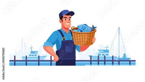 Harbor Fisherman: A fisherman stands proudly, holding a basket of freshly caught fish. He's standing at the harbor with the clear blue sea as his backdrop.