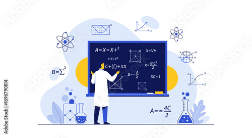 Scientist Explaining Complex Equations On A Blackboard With Graphical Elements Displayed,