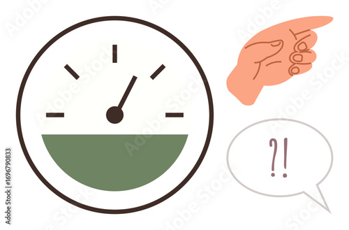 Gauge with pointer, hand indicating direction, and speech bubble reflecting confusion or urgency. Ideal for evaluation, choice, feedback, guidance, analysis decision-making communication. A simple