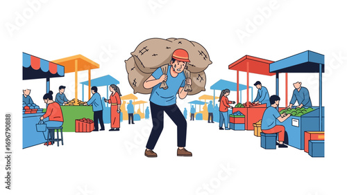 Marketplace Scene: A bustling market illustration comes to life, with vendor stalls, shoppers, and a hardworking individual carrying a heavy sack, illustrating commerce.