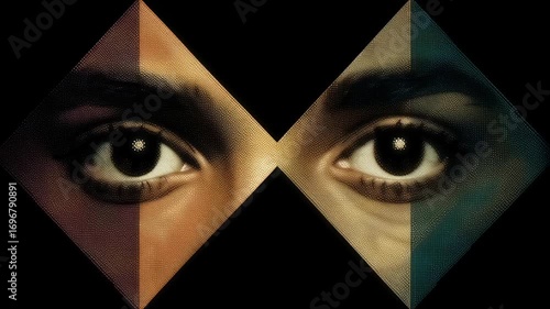 Abstract geometric video art featuring close-up of human eyes. Artistic visual illusion with diamond shapes and color contrasts. Creative concept for visual perception and identity
