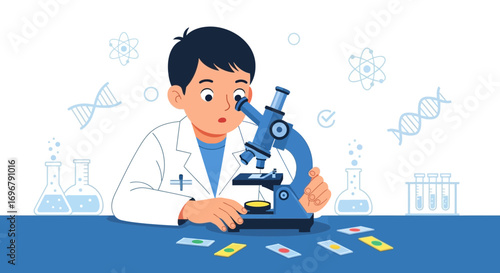 Scientist Studies Microscopic Organisms Using Blue Microscope With Scientific Diagrams