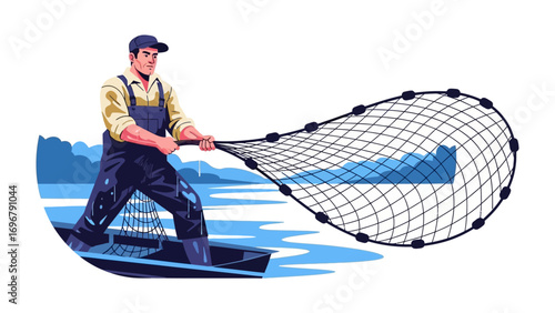 Catching the Moment: A determined fisherman casting a net into the tranquil water from his small boat. This illustration captures the essence of solitude and the pursuit of a bountiful catch.