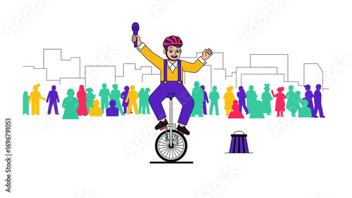 Unicycle Performer Entertains Crowd: A vibrant illustration depicts a jovial entertainer balancing skillfully on a unicycle, captivating a lively crowd. The image captures the essence of amusement.