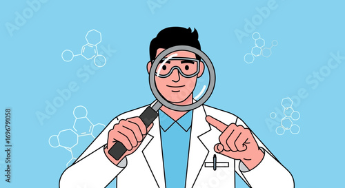 Scientist Utilizing Magnifying Glass for Examining Molecular Structures in Laboratory Setting