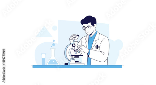 Scientist Working With Microscope, Exploring Biology, Chemistry Inside Laboratory