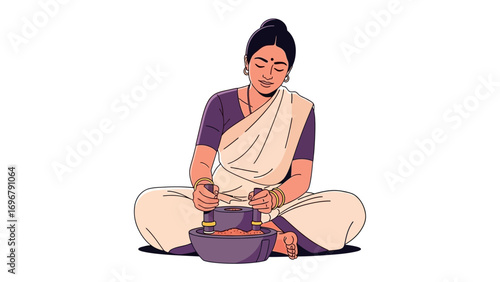 Cultural culinary practices: An illustrated woman diligently grinding spices using a traditional stone grinder, embodying the essence of culinary culture.