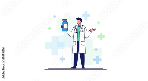 Physician Holding Medication Bottle: Healthcare Professional in Detailed Illustration on White