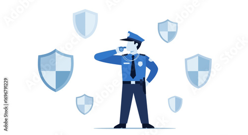 Security Guard Blowing Whistle With Shields Surrounding Him Symbolizing Protection