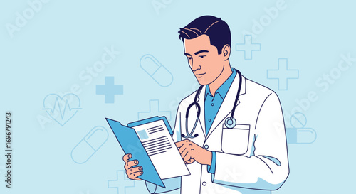 Physician Examining Documents, Medical Consultation Vector Illustration of Healthcare Professional