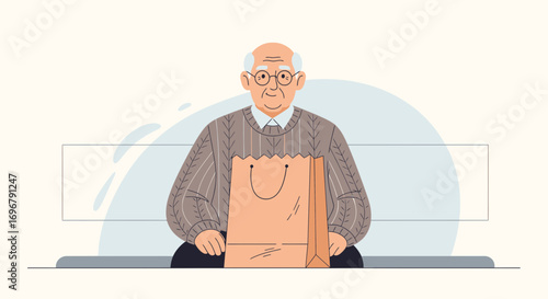 Senior Citizen Seated With Shopping, Wearing Glasses, and Holding A Bag