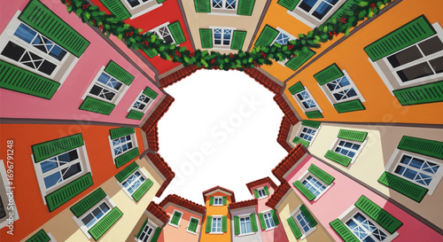 Cheerful colorful houses with green shutters, unique upward perspective, festive holiday garland illustration