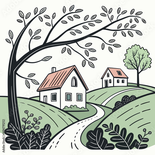 Charming illustration of two houses nestled on rolling green hills under a large tree