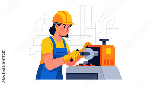 Engineer at Work: A female engineer, engrossed in her work, operates a machine with precision and determination, symbolizing industrial innovation and expertise in action.